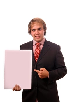 businessman with white chart over white background