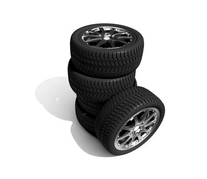 wheels with steel rims over the white background