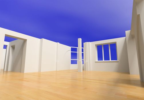 open blank interior over blue sky (3D rendering)