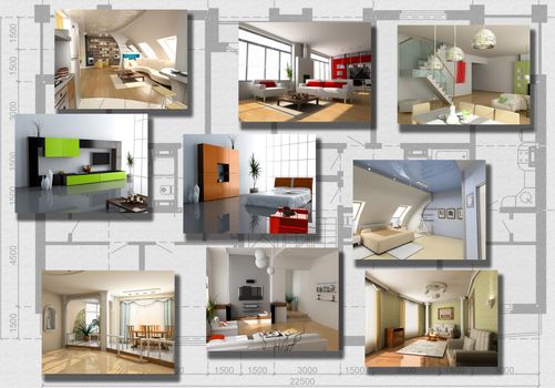 modern interior image set over architecture plan(3D rendering)