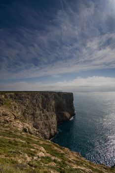 Cliffs overlooking the Atlantic Ocean, historically referred to as "The end of the world", when the earth was thought to be flat.  Cape Saint Vincent, Sagres, Portugal