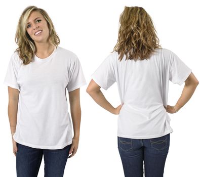 Young beautiful blond female with blank white shirt, front and back. Ready for your design or logo.