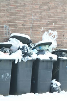 Garbage pilled up in trash cans in the winter