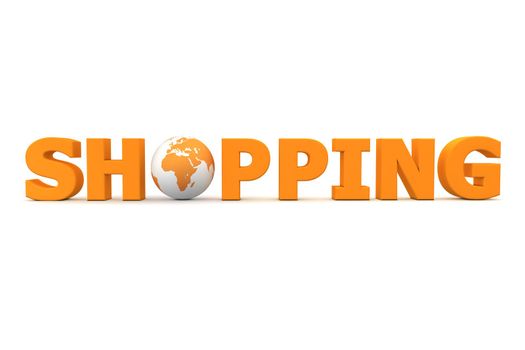 orange word Shopping with 3D globe replacing letter O