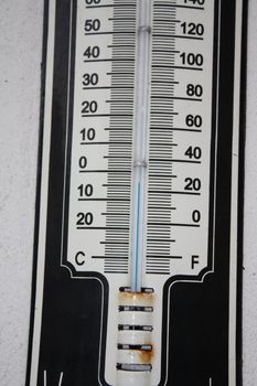 A thermometer during freezing cold weather