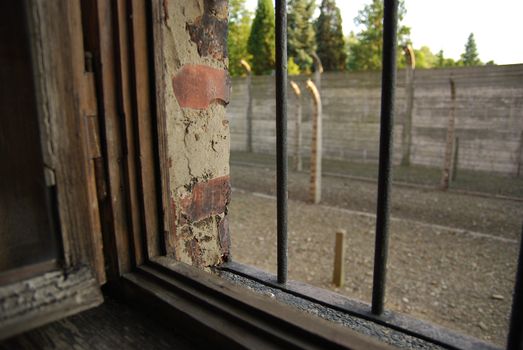 Auschwitz barrack window view