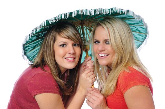 two friends posing together on a white background