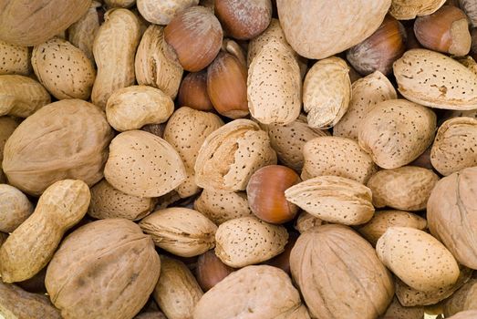 Background of mixed nuts including walnuts, hazelnuts and peanuts