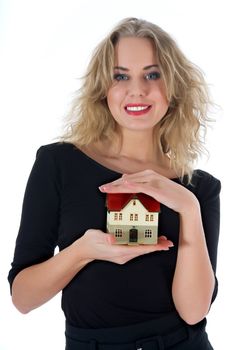 Business woman advertises real estate on white background