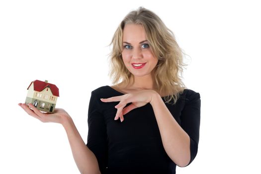 Business woman advertises real estate on white background