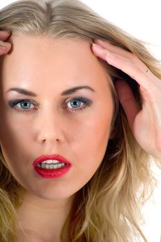 portrait of the blonde with blue eye on white background