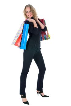 expressive woman  on white background  shopping