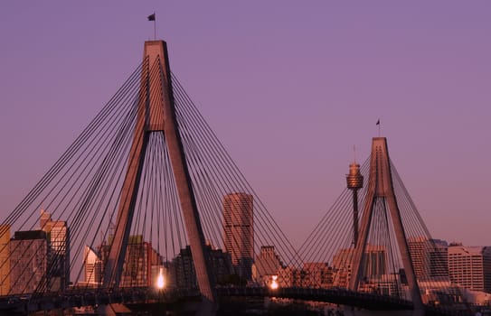 Anzac Bridge In Evening Light, Sydney, Australia: ANZAC Bridge is the longest cable-stayed bridge in Australia, and amongst the longest in the world.