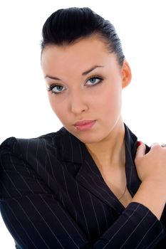 portrait of the brunette with blue eye on white background