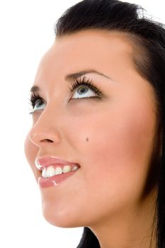 portrait of the brunette with blue eye on white background