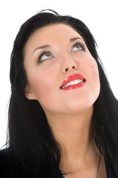 portrait of the brunette with blue eye on white background