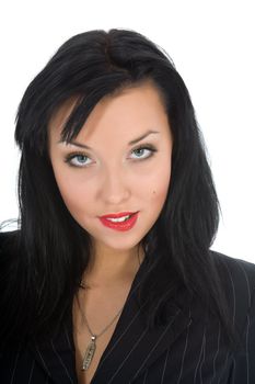 portrait of the brunette with blue eye on white background
