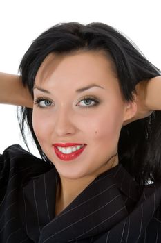portrait of the brunette with blue eye on white background