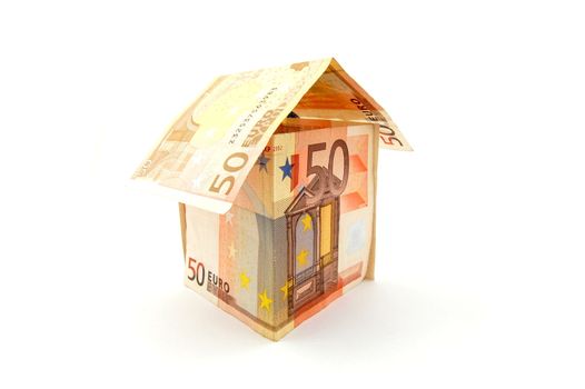 house made of euro money bils isolated on white background