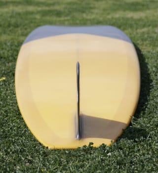 Yellow Single Fin Surfboard, Upside Down On Grass