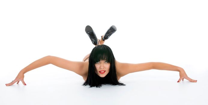 portrait of the brunette with blue eye on white background