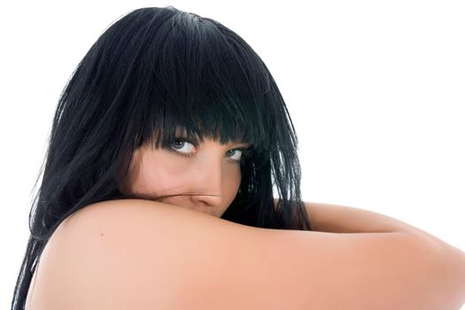 portrait of the brunette with blue eye on white background
