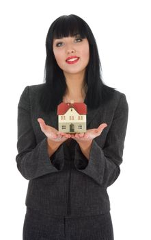 Business woman advertises real estate on white background