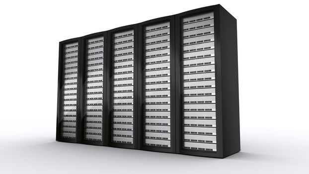 3d rendering of multiple rack servers on white background.
