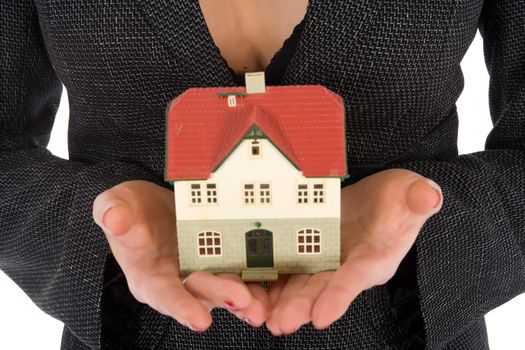 Business woman advertises real estate on white background