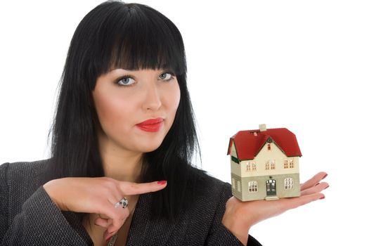 Business woman advertises real estate on white background