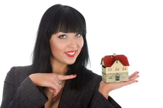 Business woman advertises real estate on white background