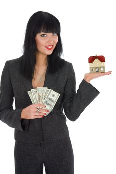 Business woman advertises real estate on white background