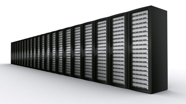 3d rendering of a row of rack servers on white background.