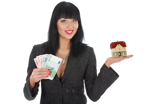 Business woman advertises real estate on white background