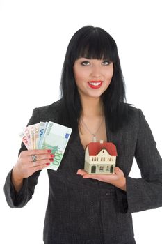Business woman advertises real estate on white background