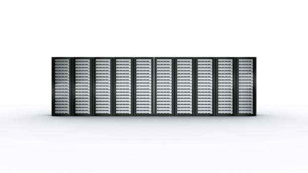 3d rendering of multiple rack servers on white background.