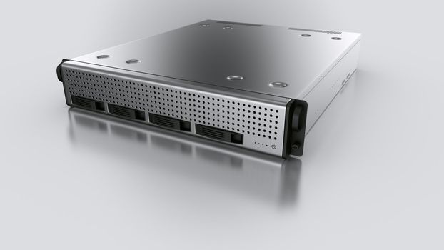 3d rendering of a rack server on white reflective ground.