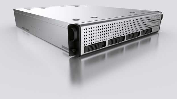 3d rendering of a rack server on white reflective ground.