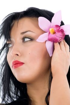 portrait of the brunette with blue eye on white background