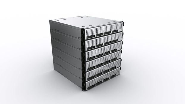 3d rendering of multiple rack servers on white background.