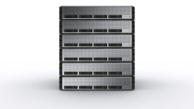 3d rendering of multiple rack servers on white background.