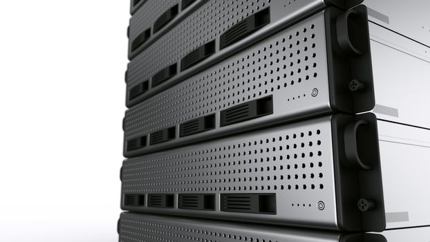 3d rendering of multiple rack servers on white background.