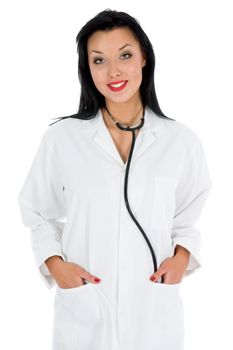 young doctor with stethoscope on white background