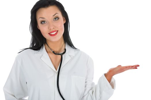 young doctor with stethoscope on white background
