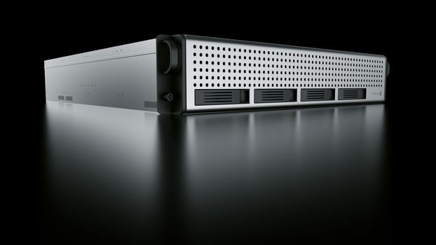 3d rendering of a rack server on black reflective ground.