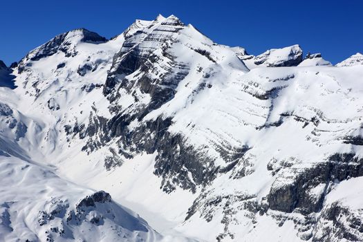 Panoramic view of swiss mountains covered with snow
