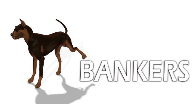 A dog cocking its leg on a bankers sign.