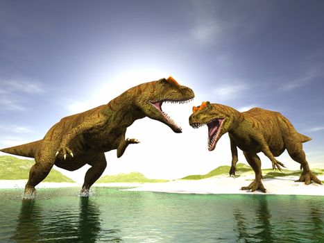 scene two ravenous dinosaurs Executed in 3 D