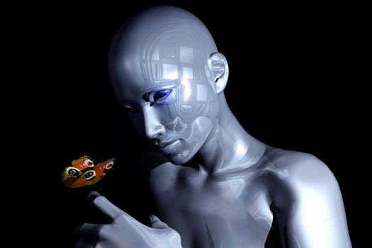 abstract scene of the robot and butterflies