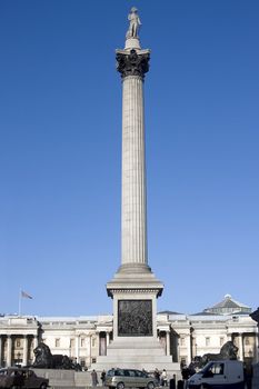 Trafalgar Square with Nelsons Column and a clear blue sky